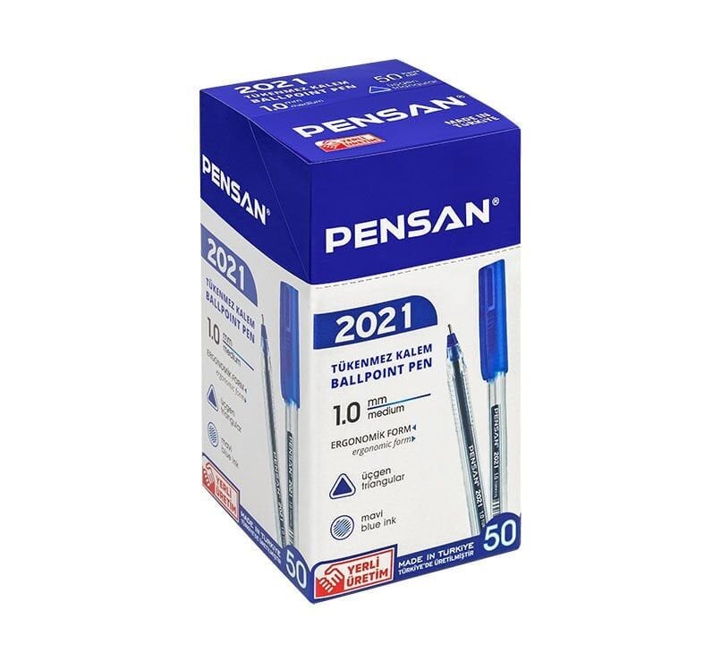 2021-Pensan Mavi Şeffaf Gövdeli Üçgen Tükenmez Kalem 50li