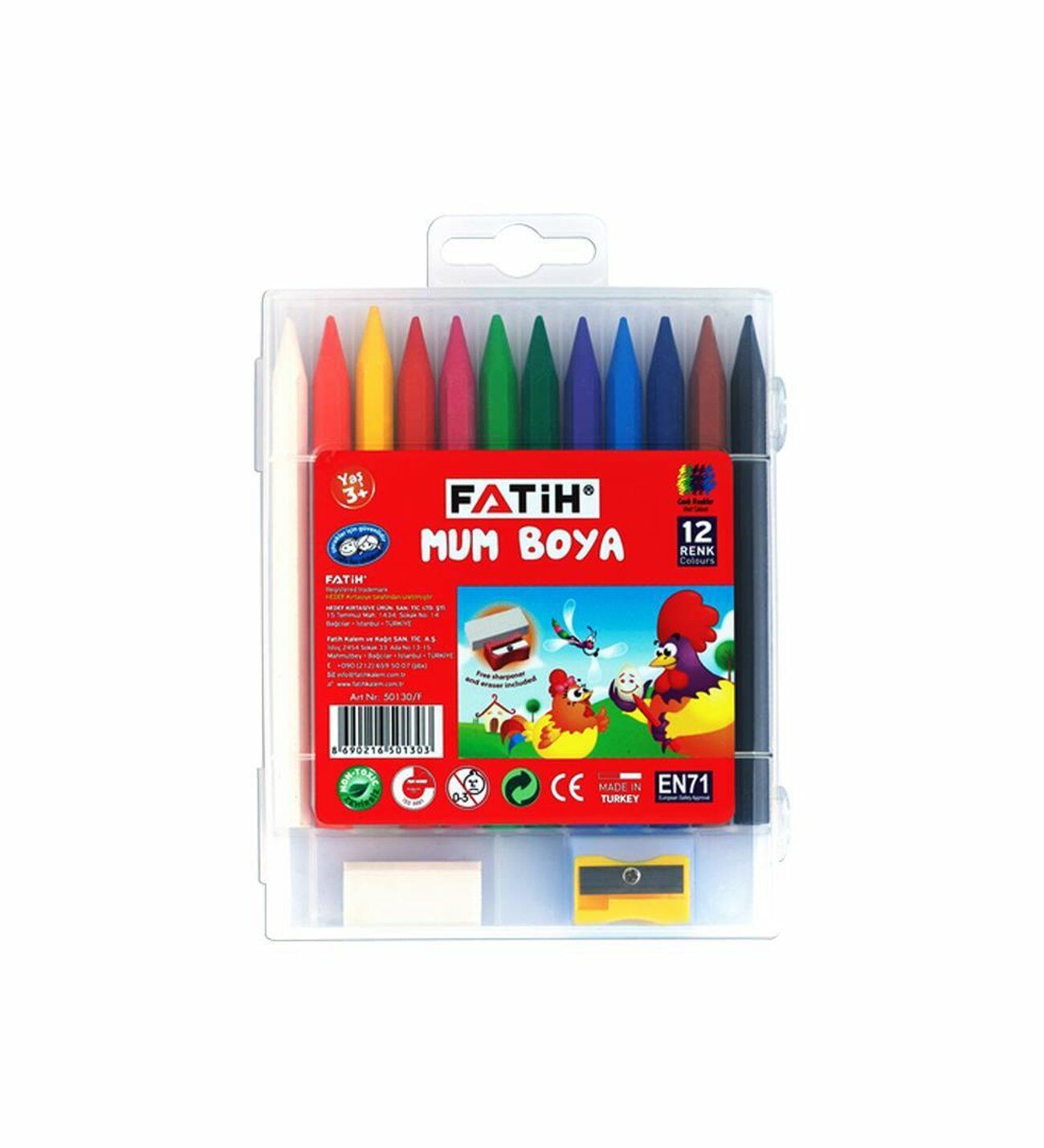 50130/Fatih 12 Renk Uzun Polymer Crayons (Mum Boya) PP Kutu