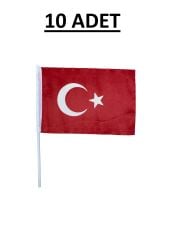20X30 Bez Plastik Sopalı Bayrak 10 Adet Alpaka Kumaş 120gr Kalın Kumaş Türk Bayrağı