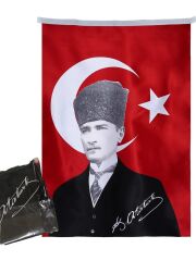 Kalpaklı Atatürk 70x105 Türk Bayrağı SatenKumaş 120gr
